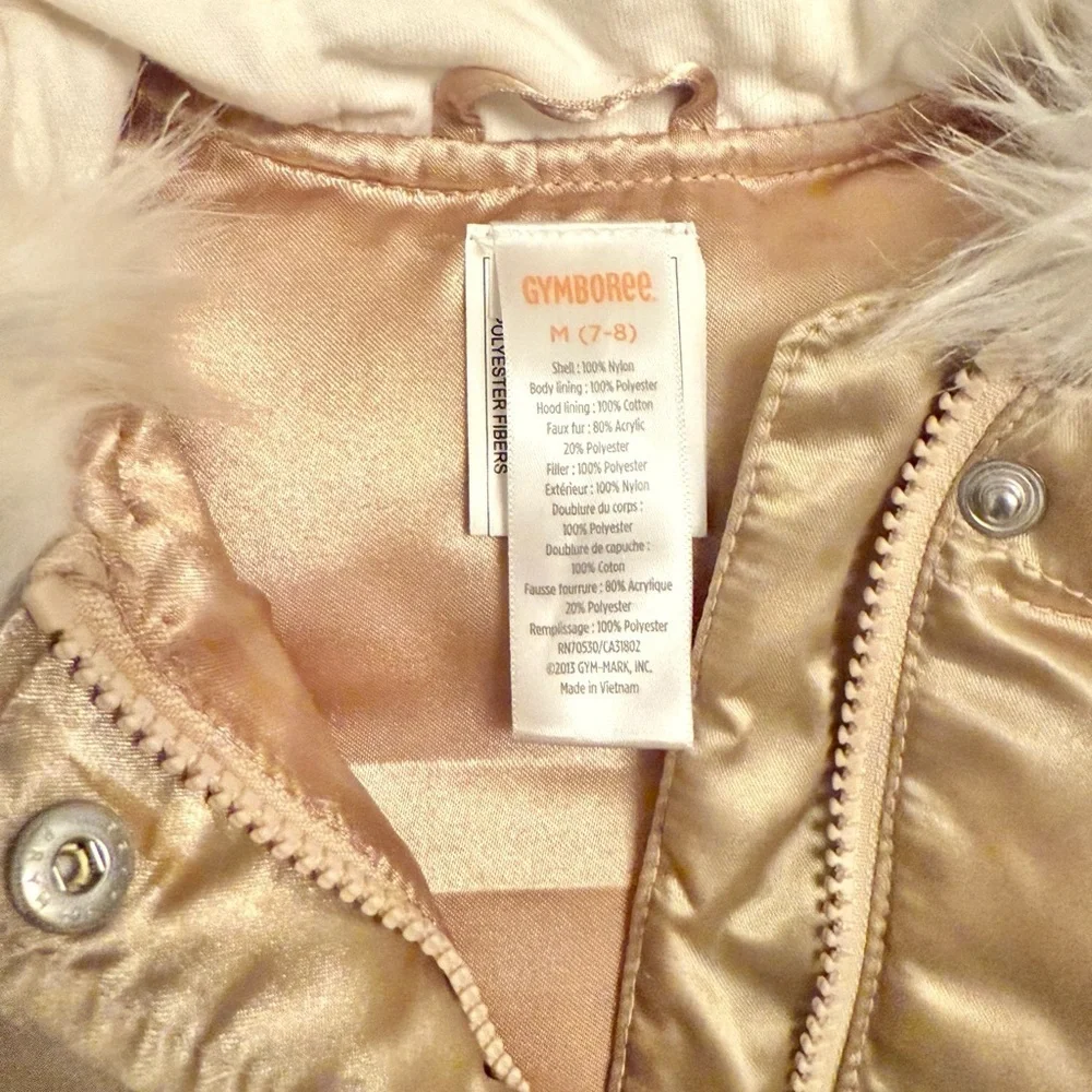 Gymboree Girls Gold Puffer Vest with Faux Fur Hood – Size 7-8